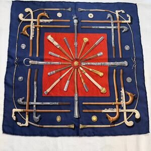Hermes Paris Blue & Red gavroche "Cannes & Pommeaux" 100% Silk Pocket Square